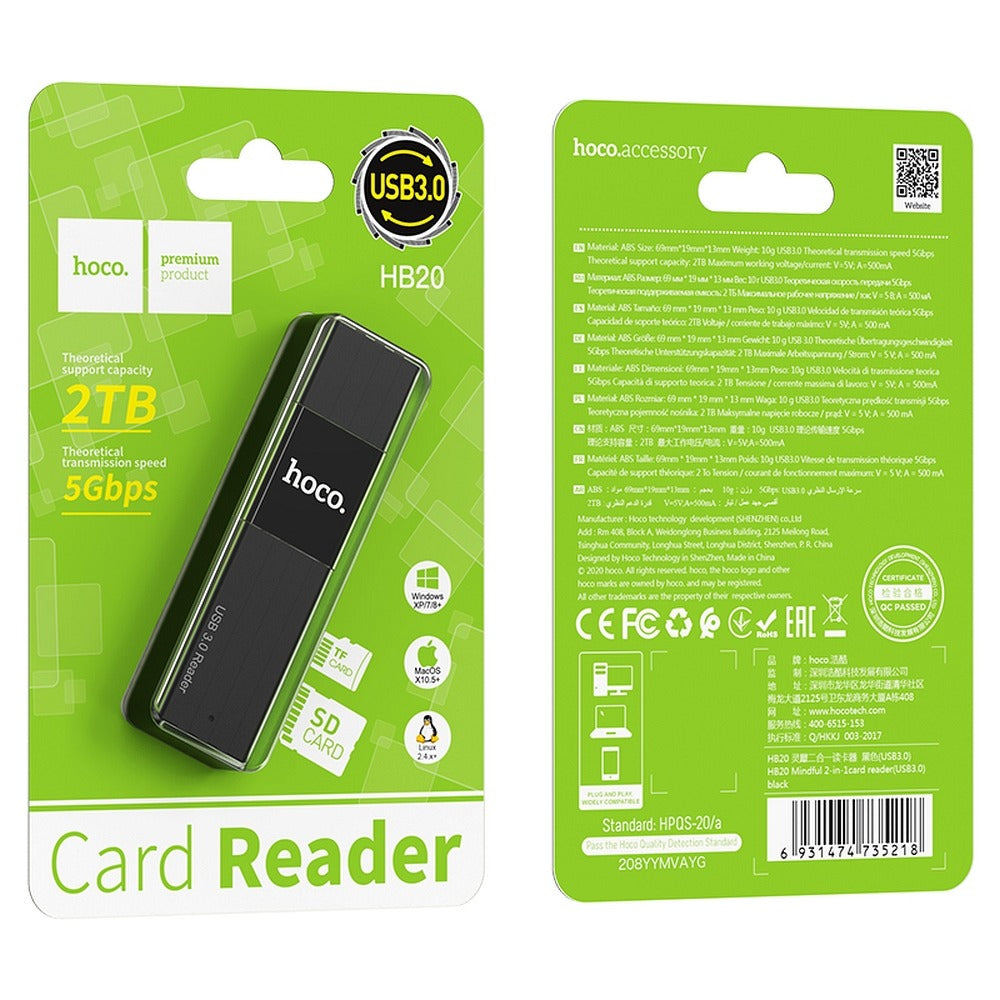 Cititor de Carduri USB, TF, SD, Hoco Mindful, HB20, Negru