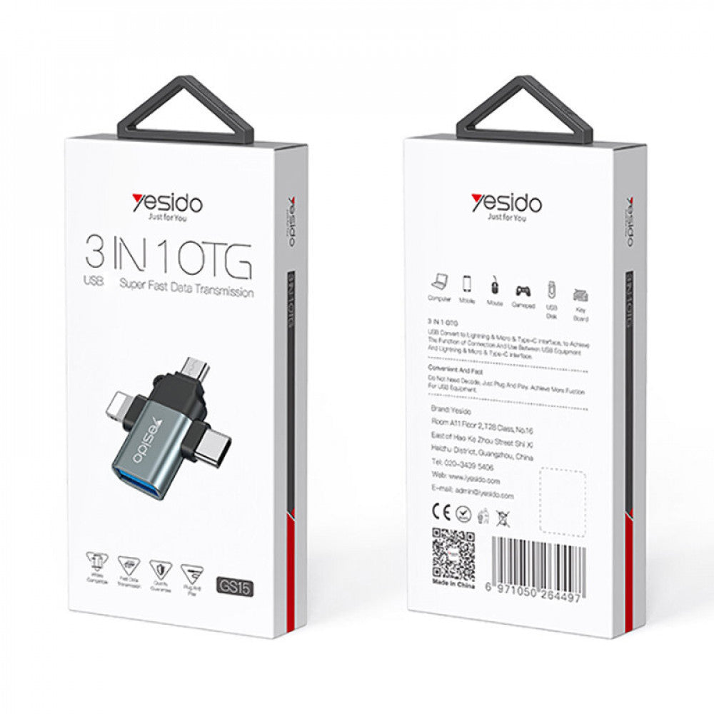 Adaptor USB la Type-C, Lightning, Micro-USB, OTG , 480Mbps, Yesido GS15, Negru